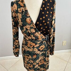 Floral Wrap Dress with Polka Dot Accent in Black and Gold